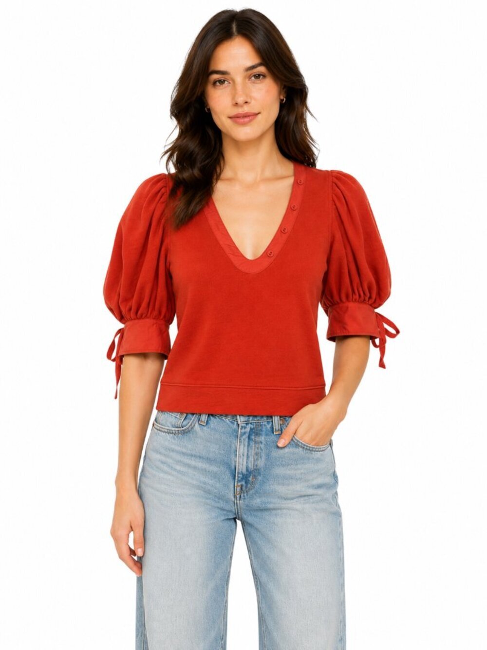 Ulla Johnson Bess Top Puff Sleeve Poplin Trimmed Cotton Bossa Nova Red Size XS - Picture 1 of 11